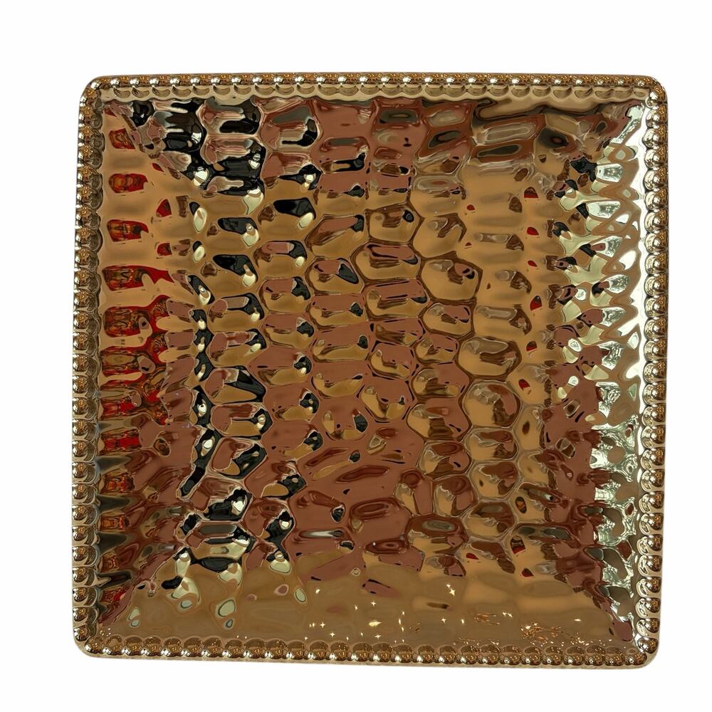 Hammered Gold Serving Plate 7.5in Square Enameled Ceramic NEW